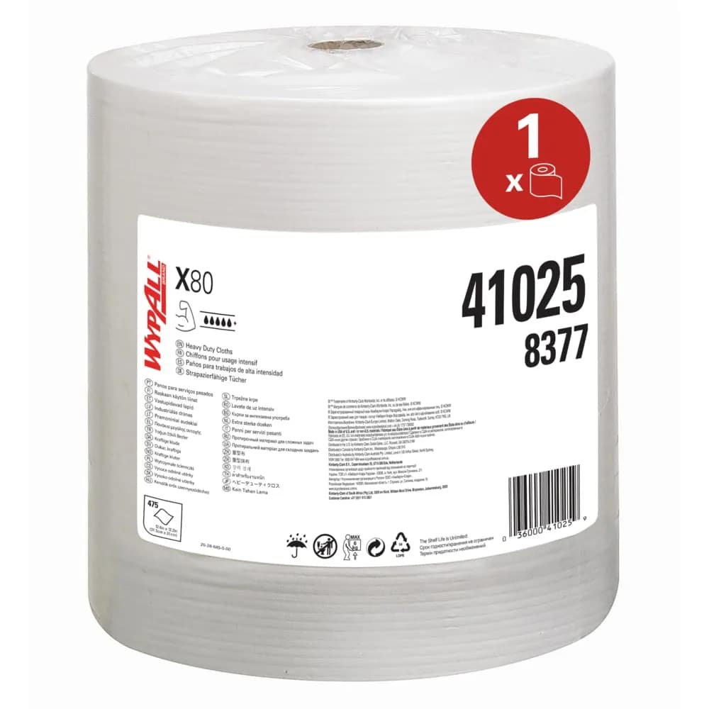 Нетканий матеріал для протирання в рулонах Kimberly-Clark WypAll Х80, білий, 475 листів, 1 рулон - зображення 1