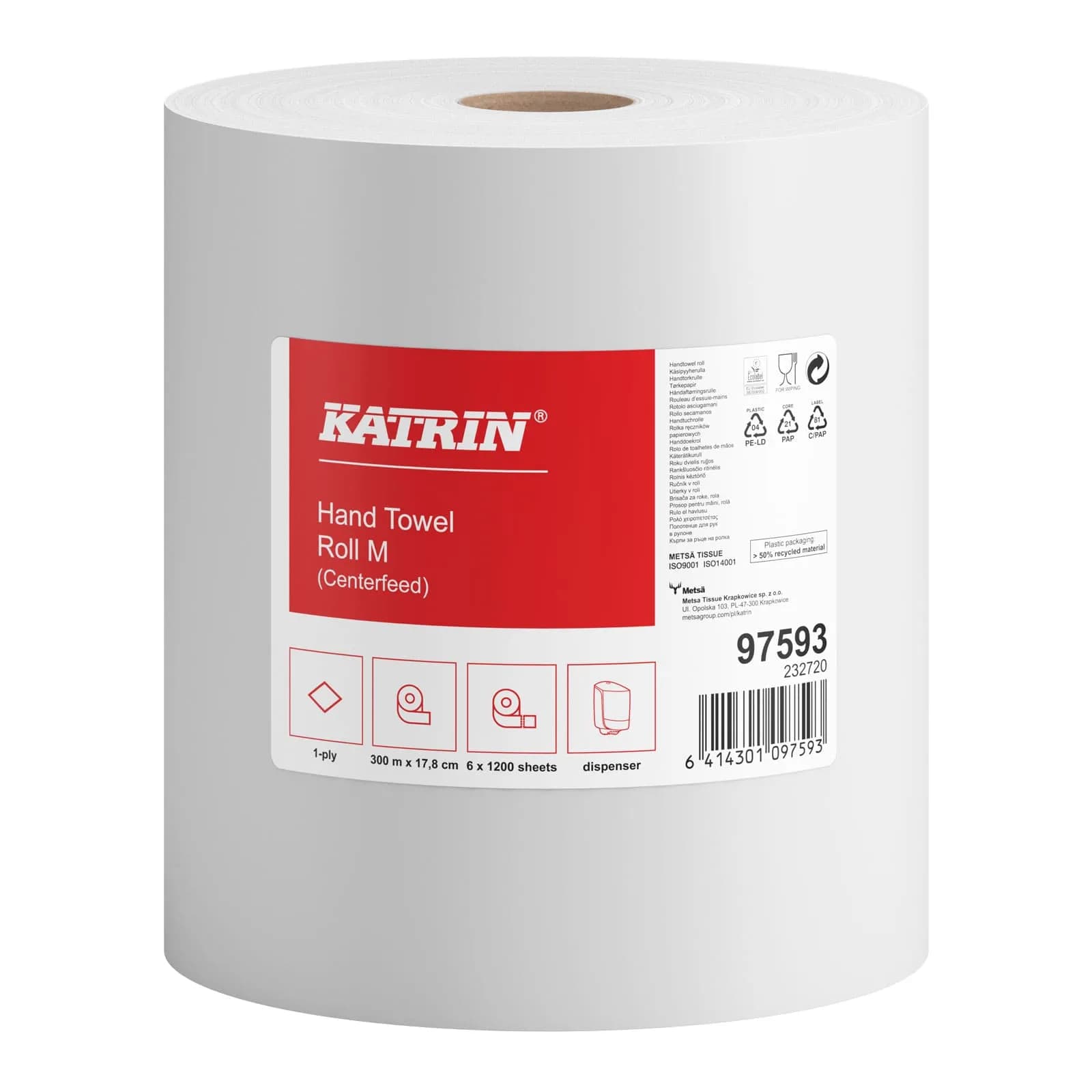 Рушники в рулонах з центральною витяжкою Katrin Classic М, білі, 1 шар, 300 м, 1200 листів, 1 рулон - зображення 1